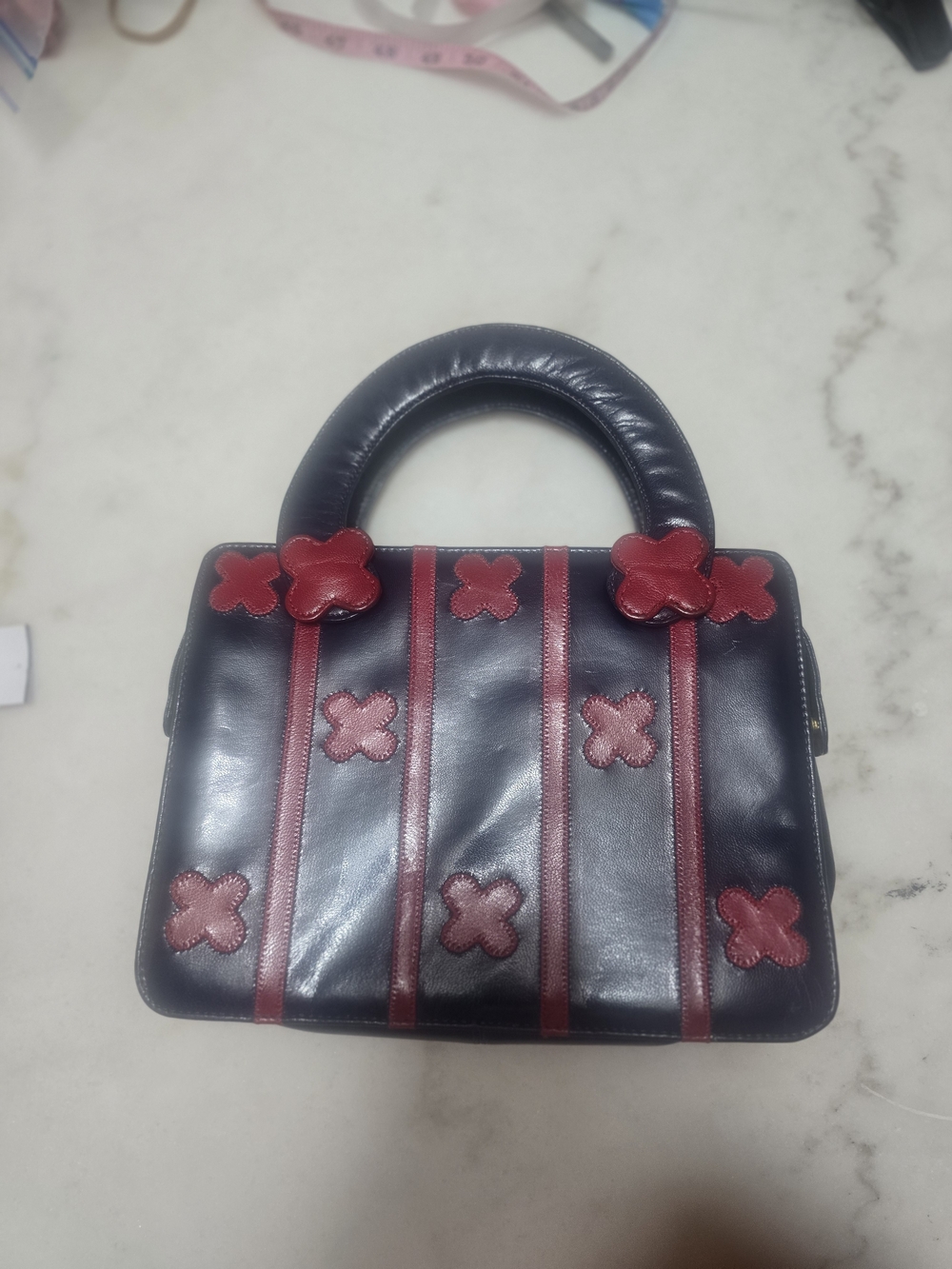 Carlos Falchi Black Satchel with Red Appliqué Xs - Picture 2 of 11